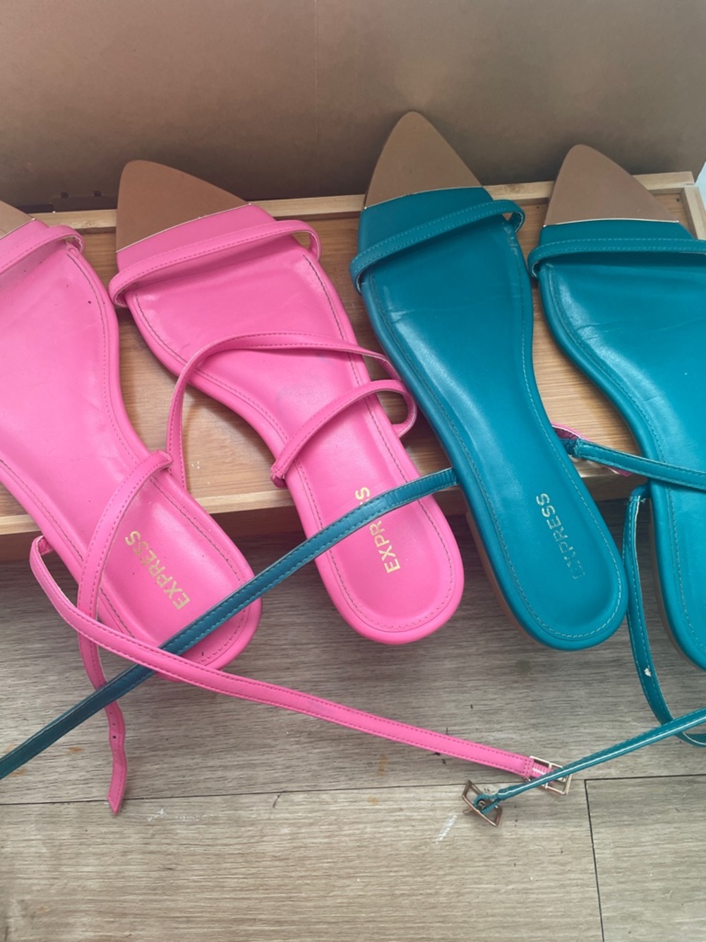 Express Two-Tone Pink and Teal Strappy Pointed Sandals